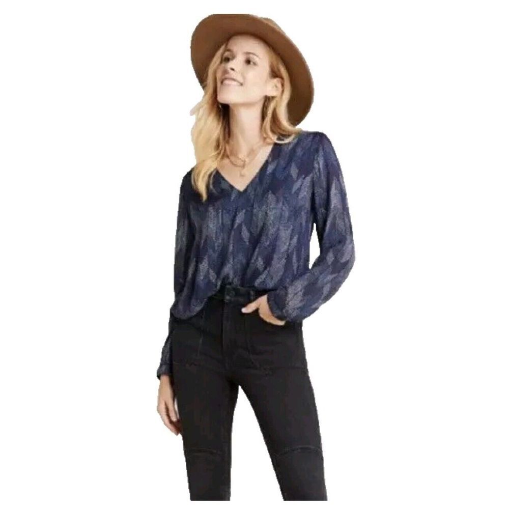 Anthropologie Cloth Stone Top 2X Blue Button Herringbone Long Sleeve Boho Tunic